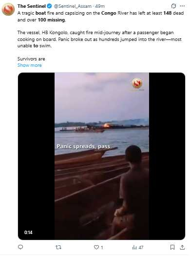 剛果民主共和國傳出有艘載著約500名乘客的木船鯨船起火後翻覆。(圖/翻攝自X)
