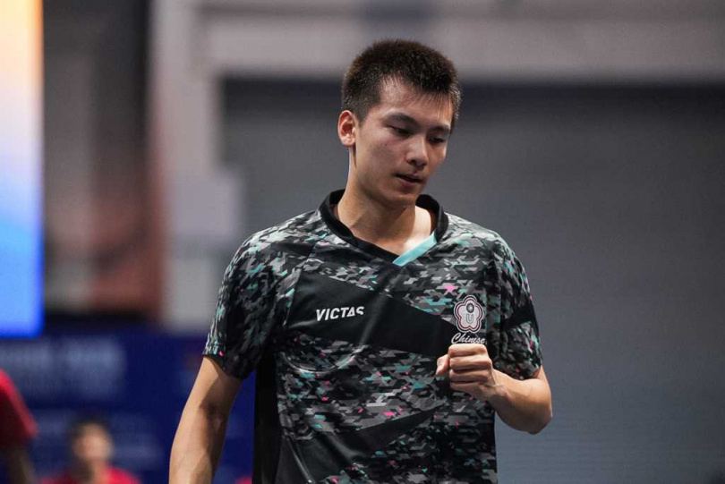 黃彥誠在2025德國萊茵魯爾世大運桌球男團金牌戰，為中華隊拿下聽牌的勝利。（圖／大專體總提供）