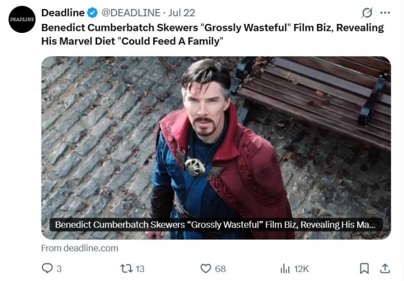 康柏拜區表示，電影產業在製作過程中浪費嚴重，並呼籲推動永續拍攝。（圖／翻攝自X）