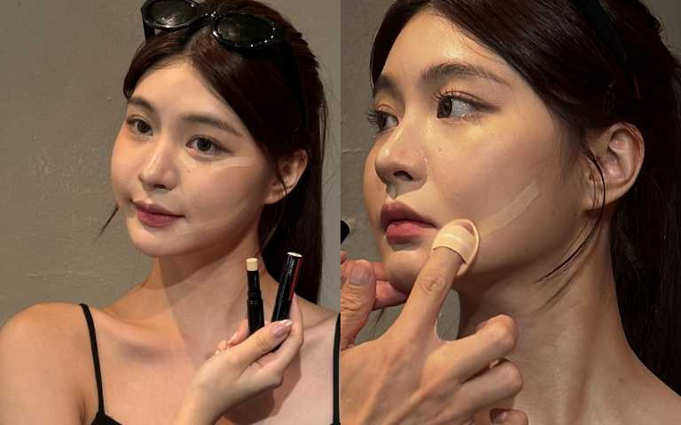 選擇比粉底色號淺一階的遮瑕棒，劃出以下「三筆線」，就能創造提拉感（圖／黃筱婷攝）