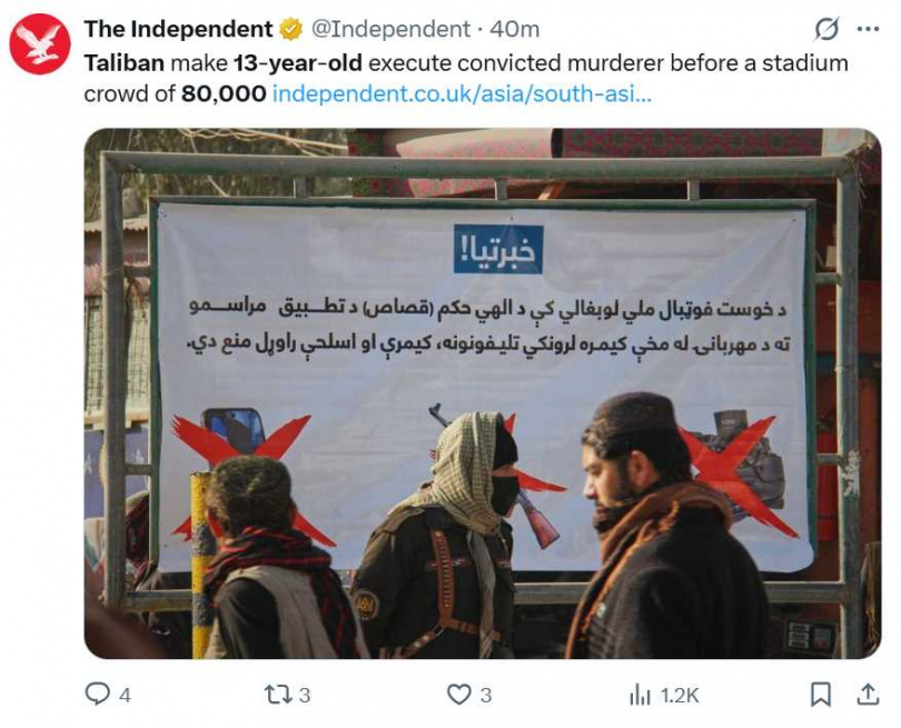 塔利班執政下持續依伊斯蘭教法實施死刑、截肢與鞭刑,引發人權團體關注。(圖/翻攝自X,@Independent)
