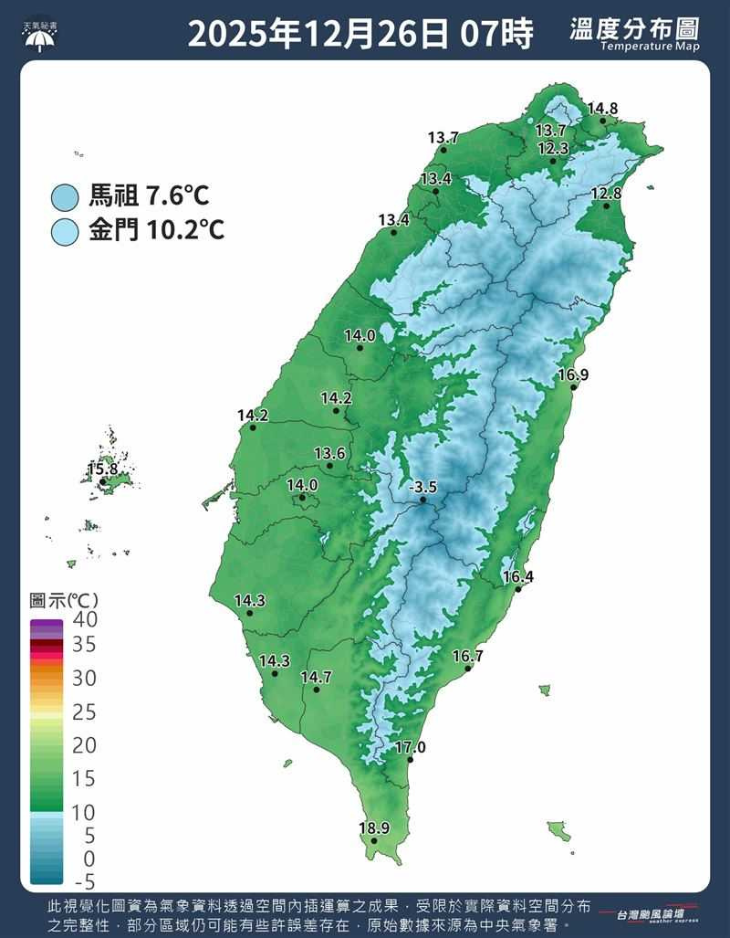 氣象粉專整理顯示，冷氣團於26日清晨達到最強，馬祖南竿低溫僅7.4度，本島多地氣溫也降至10度左右。（圖／翻攝自台灣颱風論壇｜天氣特急）