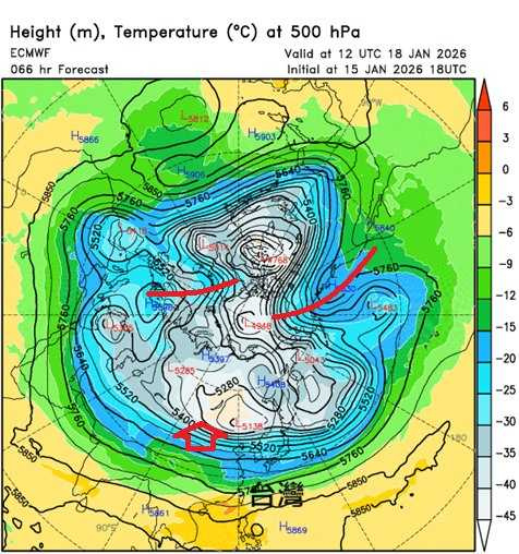 預報圖顯示，此次冷高壓主要偏北出海，預期影響韓國與日本，台灣僅受邊緣波及，體感轉冷但降雨有限。（圖／翻攝自鄭明典臉書）