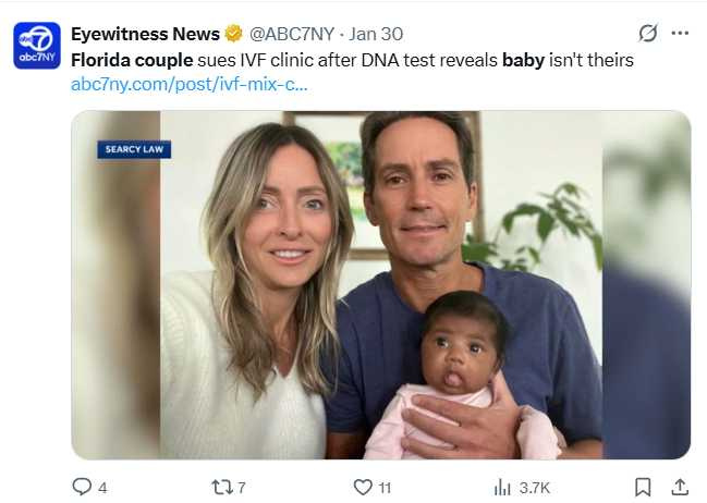 夫妻於2026年1月22日在佛州橘郡巡迴法院正式提告，要求釐清胚胎錯植責任並尋回自身胚胎。（圖／翻攝自X，@ABC7NY）