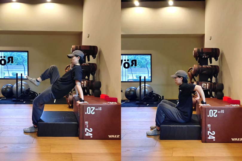 第2個動作，雙手掌心抓住物體邊緣，手臂伸直上撐和下沉，執行10-16次，須留意手撐物體為不可移動。（圖／Rowia提供）