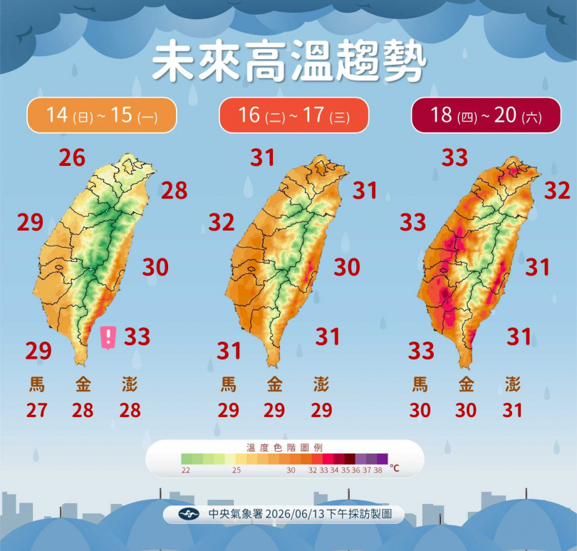 下周三後雨區逐漸縮小,各地將轉為高溫炎熱天氣型態。(圖/氣象署提供)