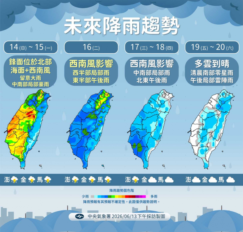 端午連假期間太平洋高壓增強,各地大致為多雲到晴,午後局部雷陣雨為主。(圖/氣象署提供)