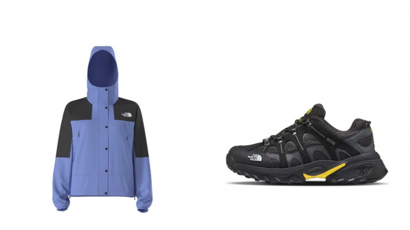The North Face 北面女款藍色 DWR 防潑水防風外套／5,380元，The North Face 北面Hedgehog刺猬06重塑款GTX防水健行鞋／6,880元（圖／品牌提供）
