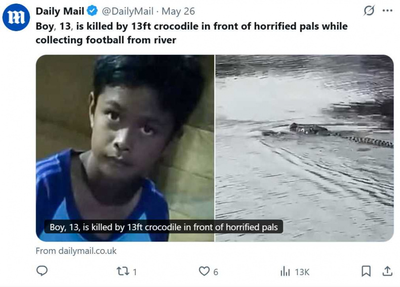 印尼13歲男童為撿球跳入河中,卻遭鱷魚突襲吞噬,搜救人員最終尋獲遺體。(圖/翻攝自X)