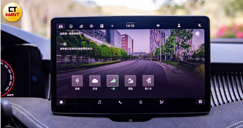 可藉由中控螢幕選擇「舒適」、「一般」、「運動」、「個人」等多種駕駛模式。(圖╱黃耀徵攝)