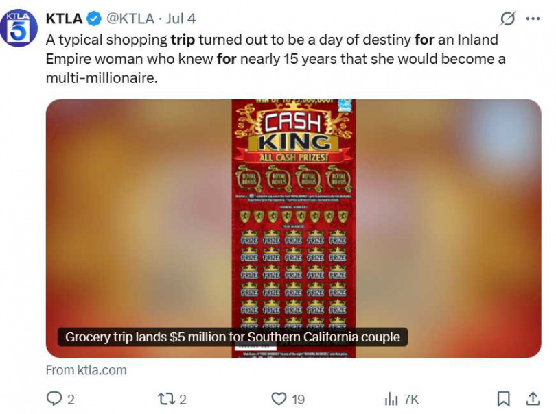 買菜順手刮中5百萬美元，南加婦人預言成真提前退休。（圖／翻攝自X）