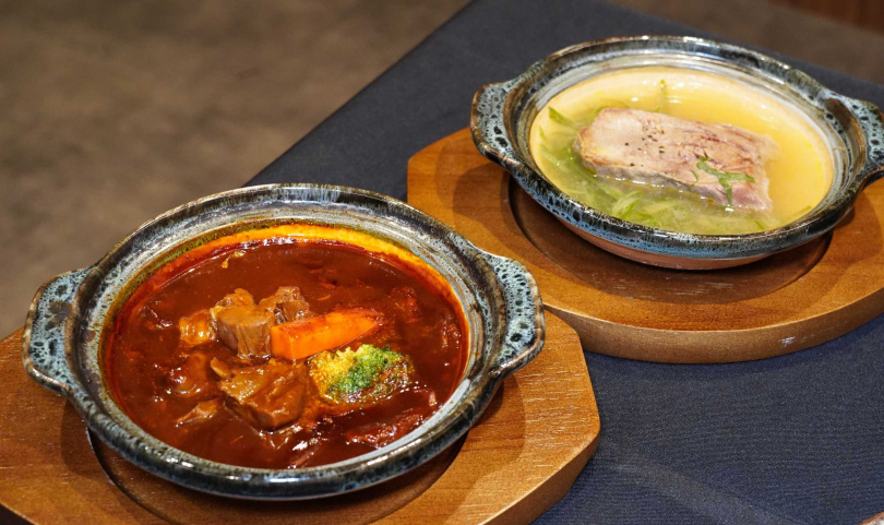 「多蜜燉牛舌鍋」（前，328元）、「清燉厚切牛舌」。（488元，圖／魏妤靜攝）