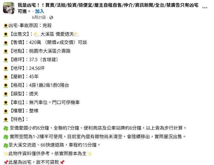 (圖/翻攝FB/我是凶宅!!買賣/法拍/投資/撿便宜/屋主自租自售/仲介/資訊新聞/全台/禁廣告只有凶宅可進。)