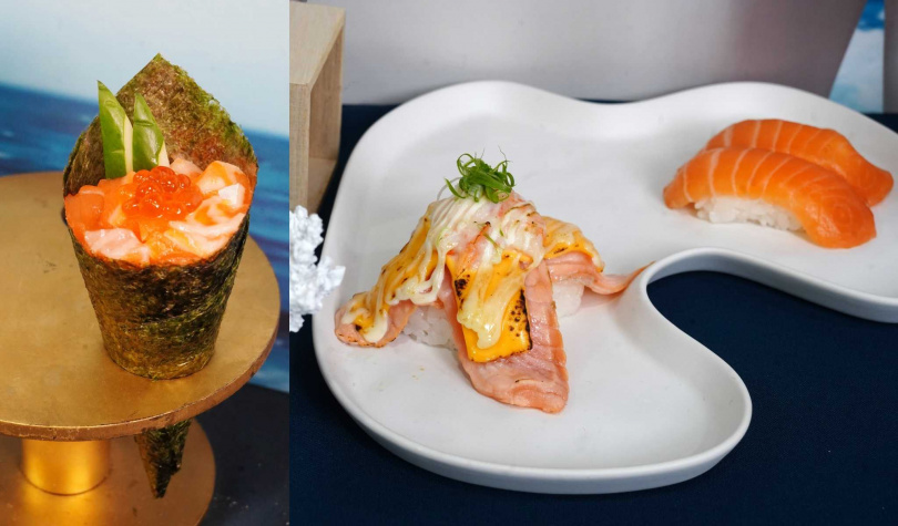 爭鮮門市的鮭魚熱銷商品包括「鮭親子手卷」（左起，60元）、「起士鮭蝦好合」（100元）、「鮭魚握壽司」。（40元，圖／魏妤靜攝）