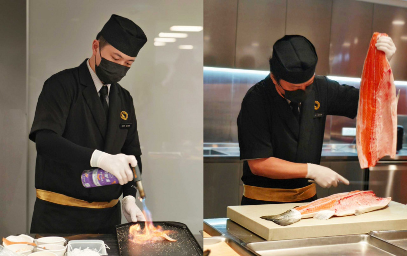 爭鮮品牌強調「天天空運、挪威直送」的供應模式，記者會上主廚也現場上演鮭魚現切秀（右）與炙燒焦糖鮭魚。（圖／魏妤靜攝）
