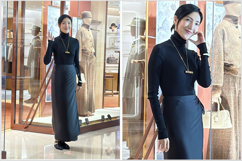 楊謹華身穿 Loro Piana Lyskamm 絲質高領連身衣,搭配 Corina 絲質裙與 Silene 緞面平底涼鞋,展現柔美氣質。(圖/黃筱婷攝)