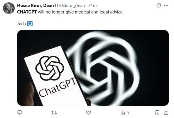 OpenAI澄清新政策僅限制專業建議角色，並未封鎖健康、法律等常識性查詢。（圖／翻攝自X，@skirui_dean）