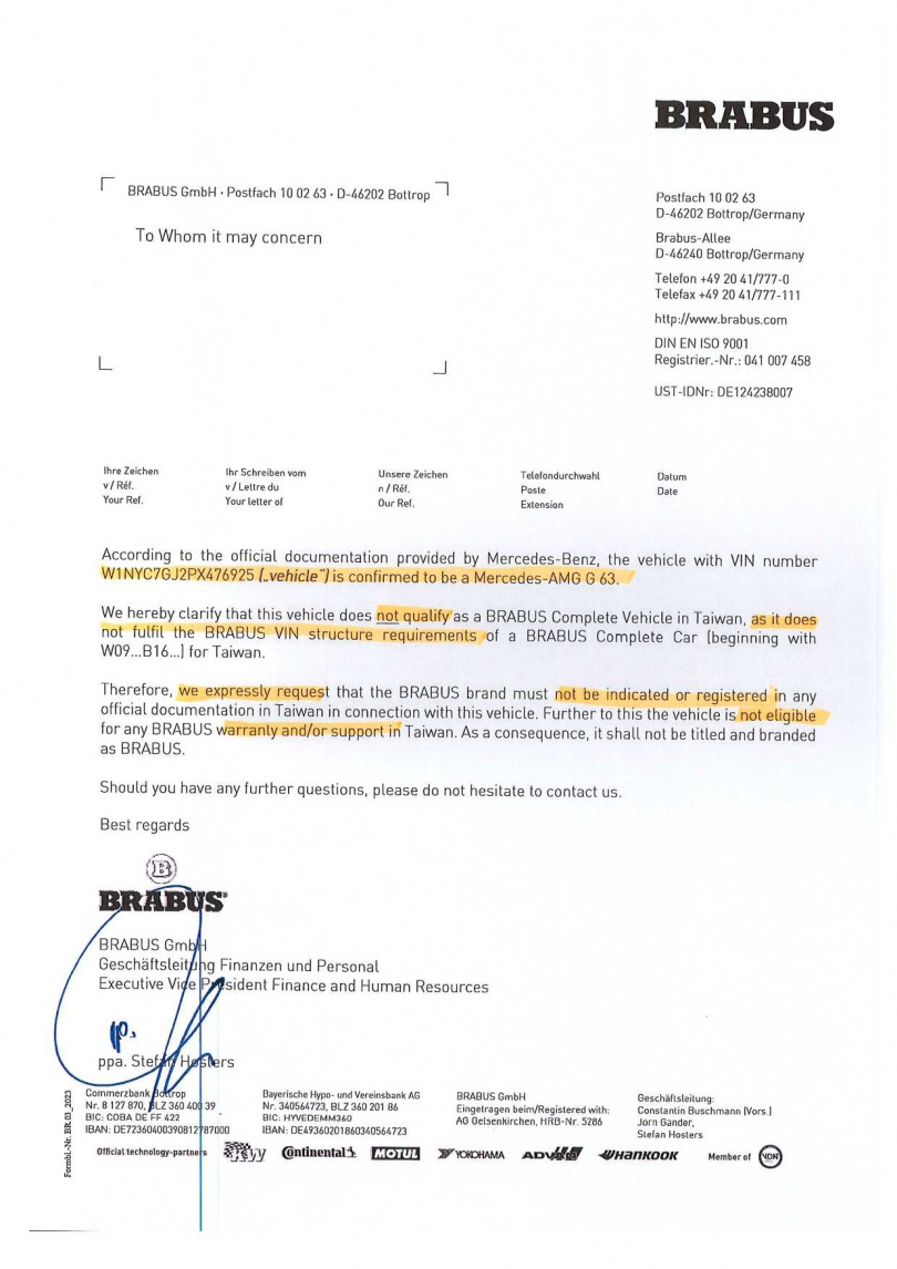 有人鑽海關漏洞,將改裝的賓士車當成BRABUS引進,BRABUS則發文,強調求在台灣的任何官方文件中,不得將該車標示或登記BRABUS。(圖/讀者提供)