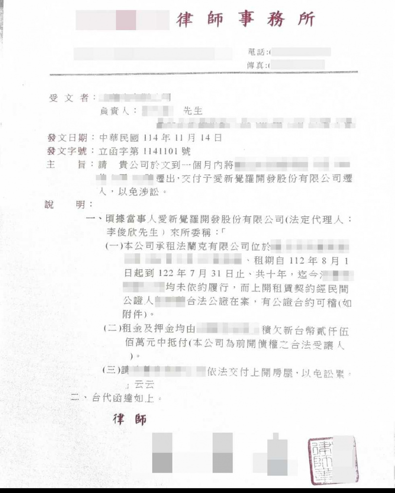 李全教疑似要求A酒商展延租賃合約至20年後被拒，直接翻臉要律師寄存證信函，要求A酒商限期搬離。（圖／民眾提供）
