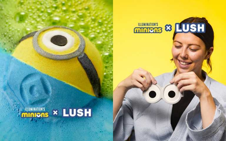 (左)Minions x LUSH 小小兵汽泡彈每顆 / 380元(右)Minions x LUSH 小小兵眼罩眼膜每片 / 380元(圖/品牌提供)