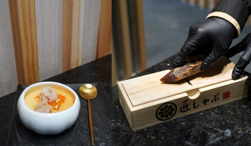 除了龍蝦與帝王蟹四食，全新4人套餐中也提供放入龍蝦或帝王蟹肉的「鮭魚卵蒸蛋」（左），還有專人桌邊現刨柴魚入昆布湯。（圖／魏妤靜攝）