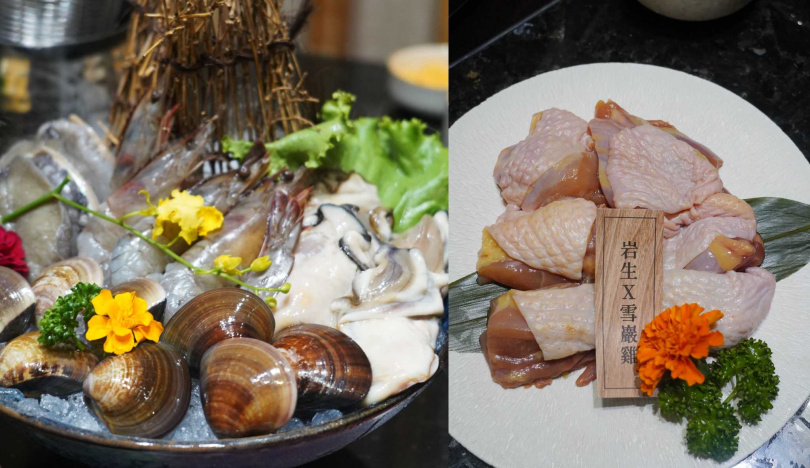 龍蟹雙湯四人宴內含南非活鮑魚、台灣海大蛤、藍鑽蝦、播磨灘生蠔等海鮮（左），右為新推出的肉品「雪巖雞」。（單點價1,080元、套餐加購價499元，圖／魏妤靜攝）