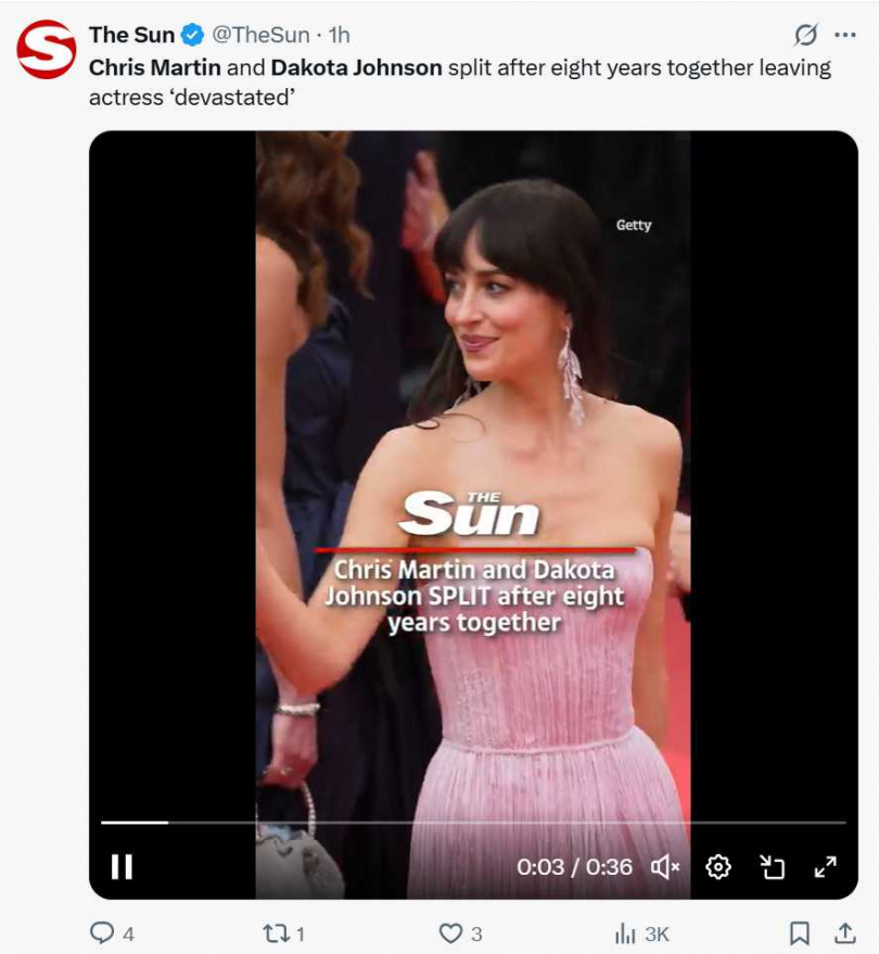 達珂塔強生與克里斯馬汀交往8年，如今雙方正式分手。（圖／翻攝自X）