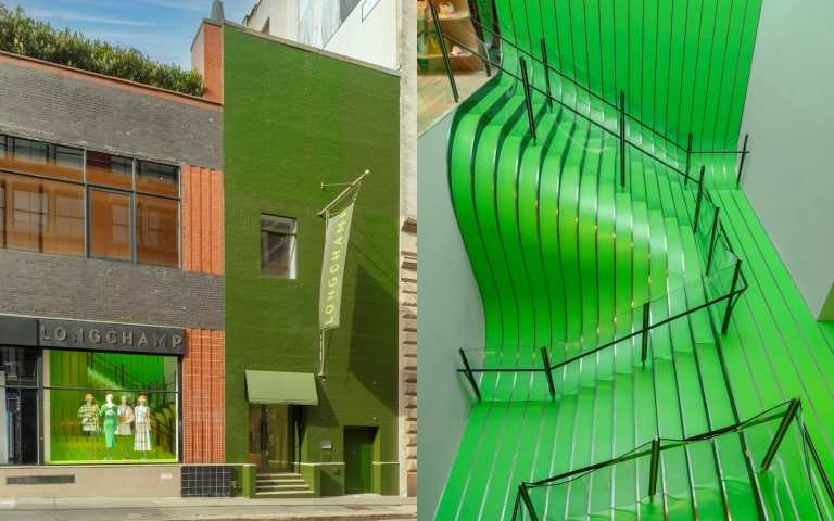 Longchamp SoHo旗艦店由設計師Thomas Heatherwick重新打造，綠色螺旋樓梯與藝術裝置成為視覺亮點。（圖／品牌提供）