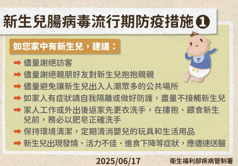 新生兒腸病毒流行期防疫措施。（圖／疾管署）