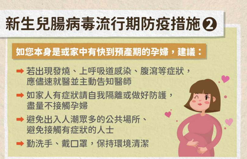新生兒腸病毒流行期防疫措施。（圖／疾管署）