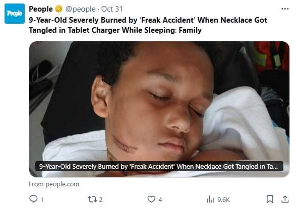 電子產品充電藏風險,美9歲童因項鍊纏充電線遭灼傷,醫界籲家長注意夜間充電安全。(圖/翻攝自X,@people)
