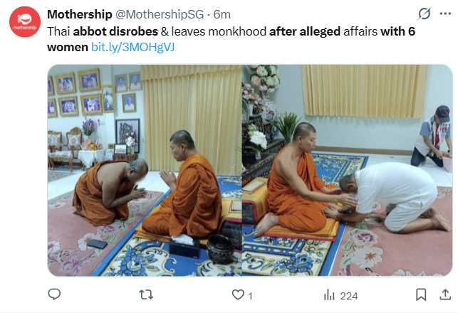 暖武里府僧團介入協調，還俗儀式於當天完成。（圖／翻攝自X，@MothershipSG）