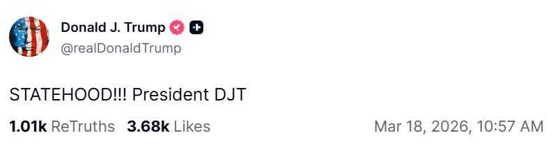 川普在經典賽冠軍戰後迅速發文。（圖／擷取自Truth Social）