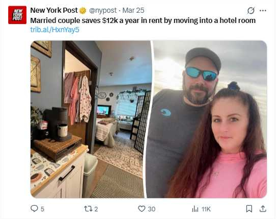美國夫妻改以飯店為家，每年省下約39萬元，生活方式引發討論。（圖／翻攝自X，@nypost）