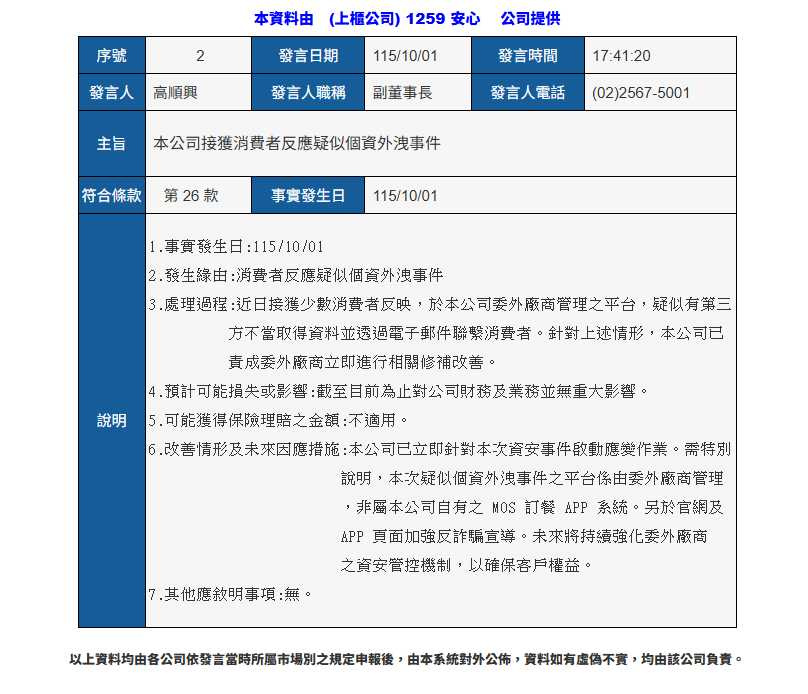 安心食品聲明。(圖/翻攝自公開資訊觀測站)