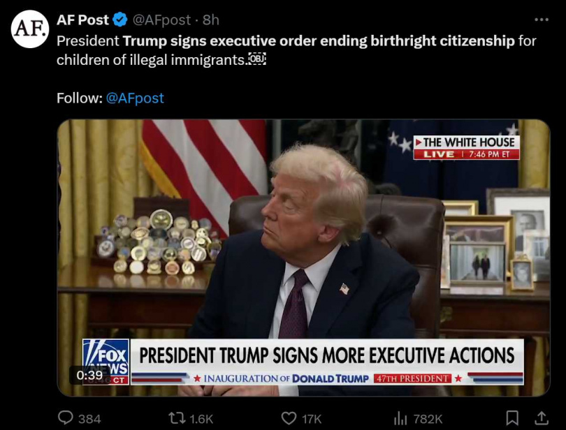 川普就職首日簽署行政命令，重新定義「出生公民權」。（圖／翻攝自X ）
