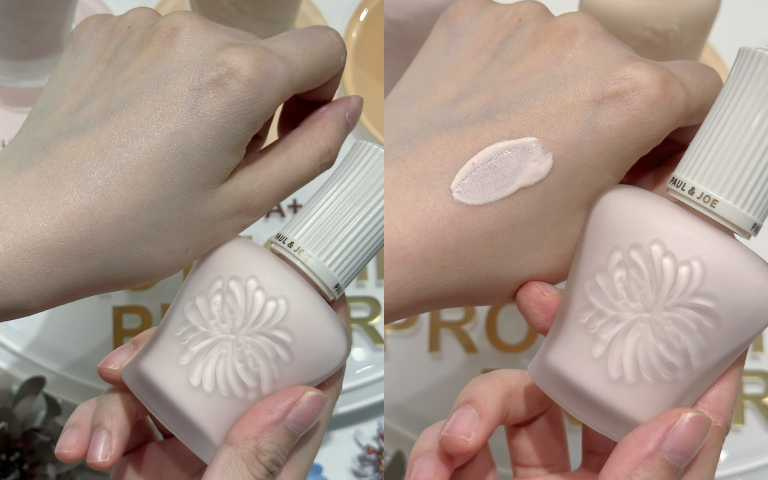 結合了不同的色調和閃爍的香檳金色珍珠，能修飾肌膚暗沉、膚色不均勻與毛孔問題，同時賦予肌膚自然水潤的光澤感，營造從肌底透出的透亮感。PAUL&JOE 糖瓷超抗陽隔離乳#00柔光粉 SPF50+ PA++++／1,200元（圖／廖怡婷 攝）