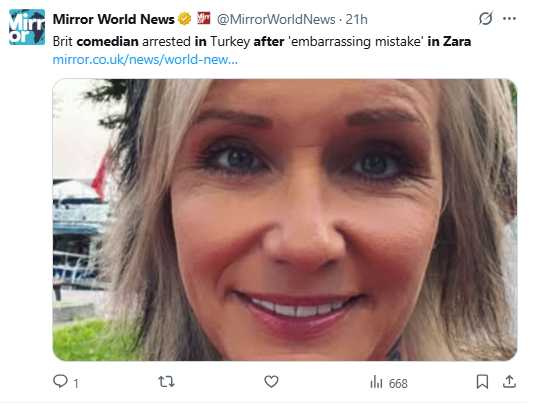 英國喜劇演員瑟莉絲．奈姆斯（Cerys Nelmes）在伊斯坦堡的Zara門市購物後，遭控未結帳即離店。（圖／翻攝自X）