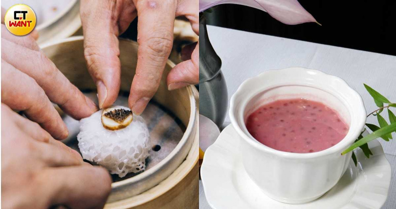 港灣壹號的手作港點、甜品工序耗時,「竹影山珍如意粿」、「石榴蘆薈甘露」(右,320元)都值得一試。(圖/台北君悅酒店提供、魏妤靜攝)