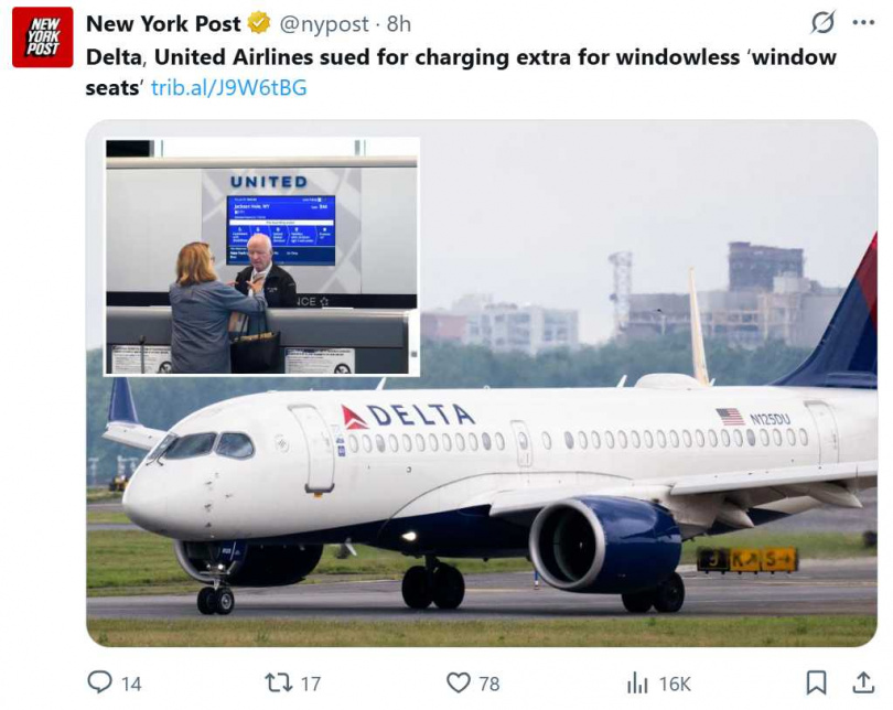 社群平台多年來不乏旅客抱怨「假靠窗座位」經驗,此次訴訟為首次正式法律行動。(圖/翻攝自X,@nypost)
