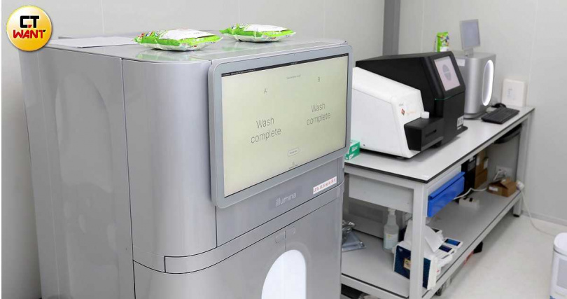 基龍米克斯於2009年成立NGS部門,上方放有兩包乖乖的儀器為近期砸約5千萬增購美國illumina的NovaSeq X Plus定序平台,為NGS重裝備之重,是目前市面上最高通量次世代定序(NGS)平台,一次上機可完成120人以上的全基因體定序,每次約花1天~2天時間。(圖/方萬民攝)