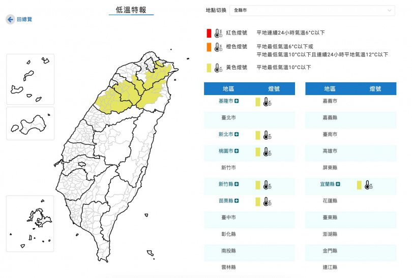 低溫特報。(圖/中央氣象署)