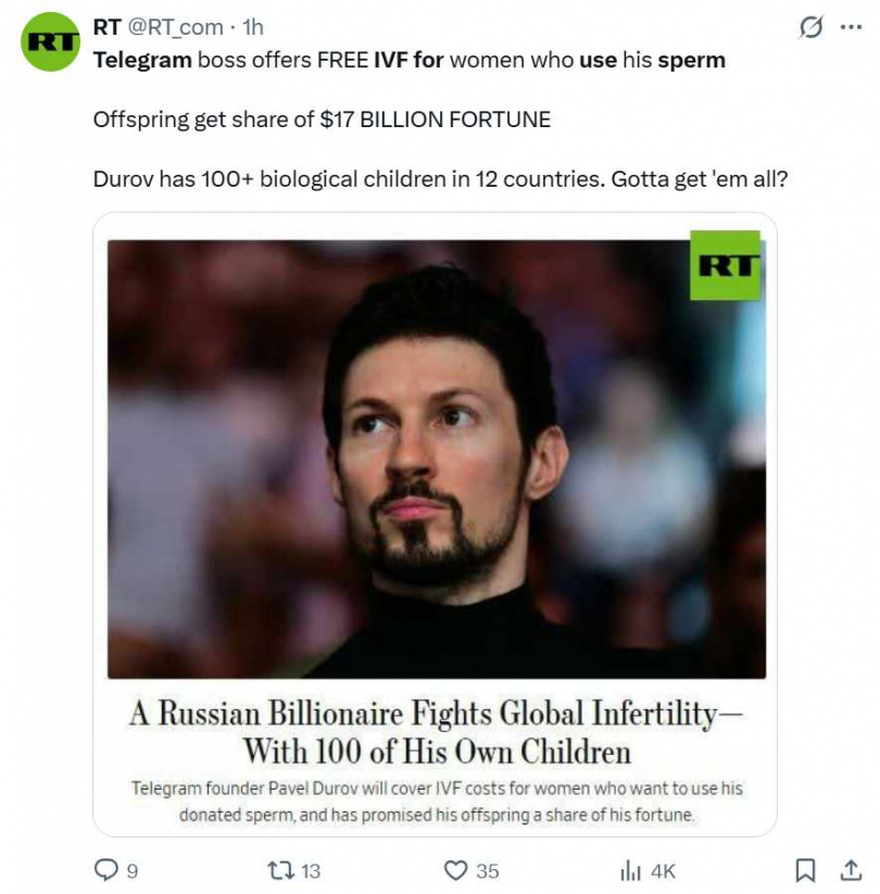 科技富豪積極涉足生殖科技，從助孕、捐精到遺產承諾，引發是否重啟「現代優生學」的道德質疑。（圖／翻攝自X，@RT_com）