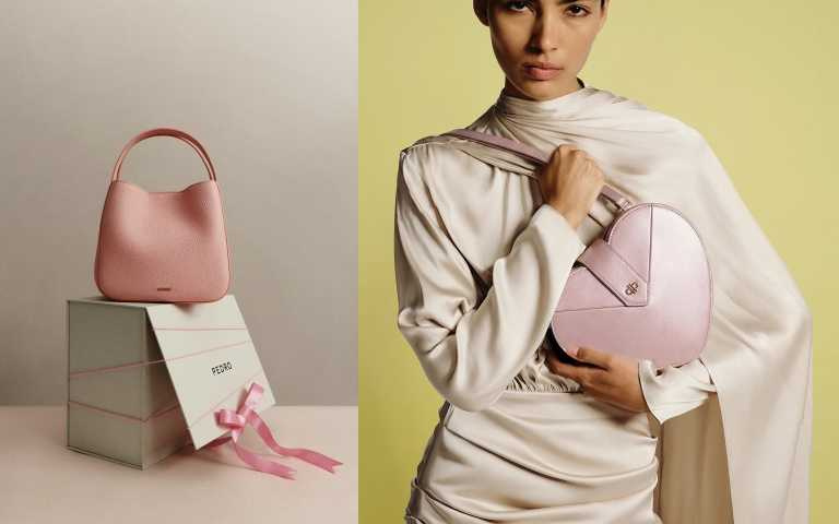 PEDRO Dana皮革水桶包粉色/4,290元。PEDRO心形肩包粉色/2,990元(圖/品牌提供)