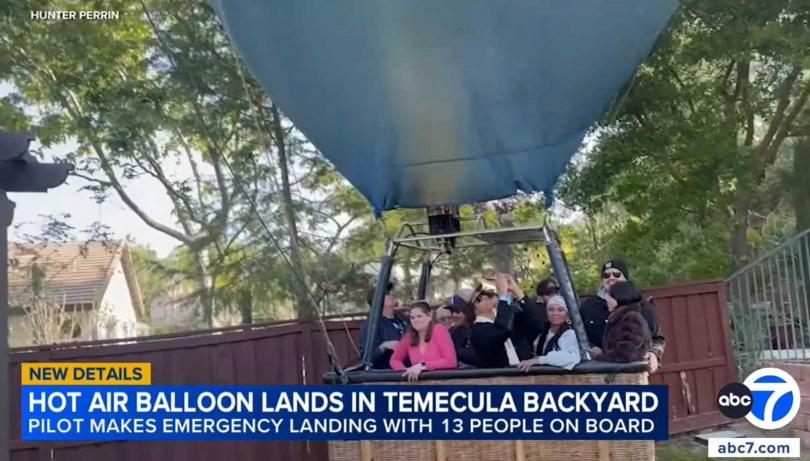 熱氣球因風勢減弱緩慢下降，最終迫降於住宅後院空地。