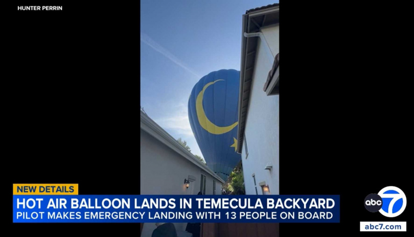 屋主打開後院門時，發現熱氣球吊籃已停在庭院內，場面令人意外。