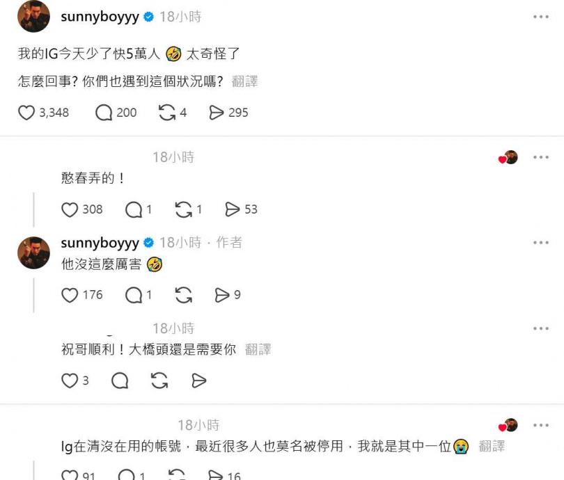 王陽明日前發文驚呼，自己的IG一天內竟少了近5萬名粉絲。（圖／翻攝自Threads，sunnyboyyy）