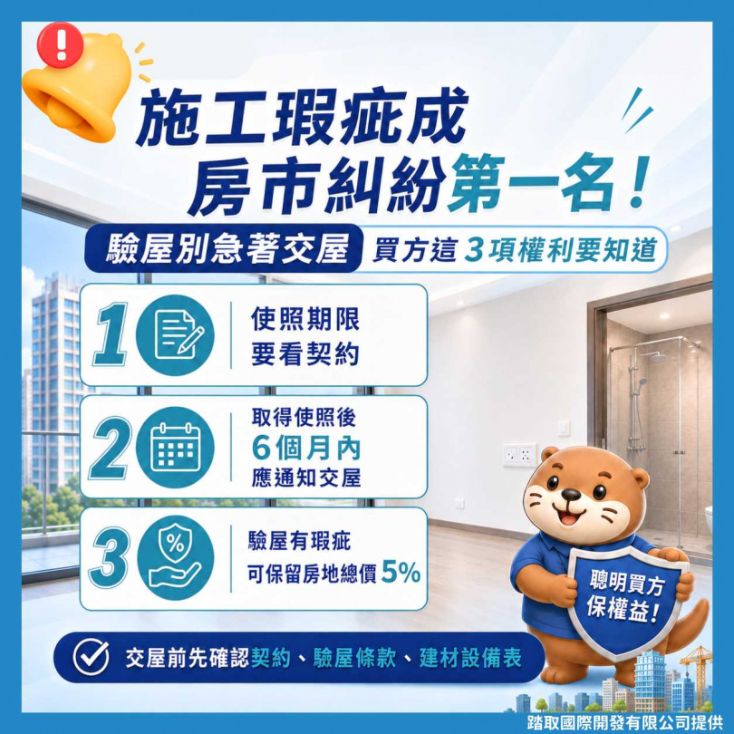 交屋前先確認契約期限、瑕疵修繕與5%交屋保留款。(圖/踏取國際開發提供)