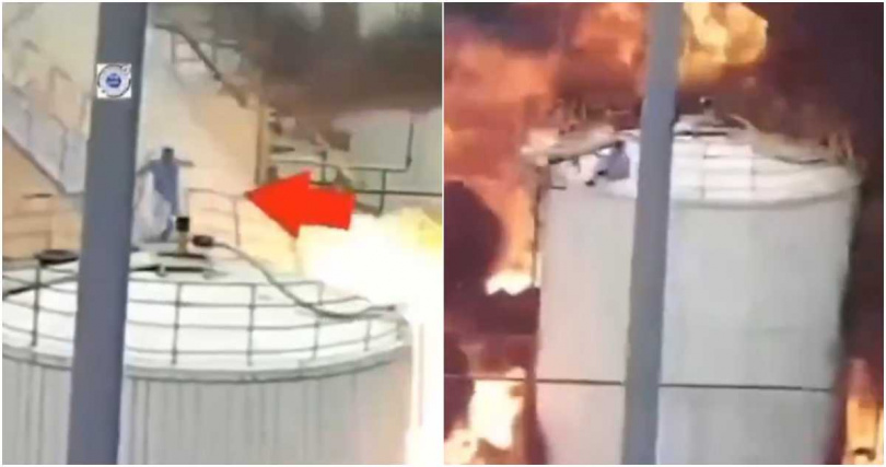 化學儲存槽突炸出大量火球，工人也遭噴飛險些跌落化學槽。（圖／擷取自X）