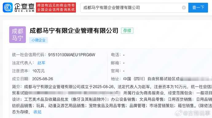 趙露思設立新公司名「馬寧有限」。(圖/翻攝自微博)